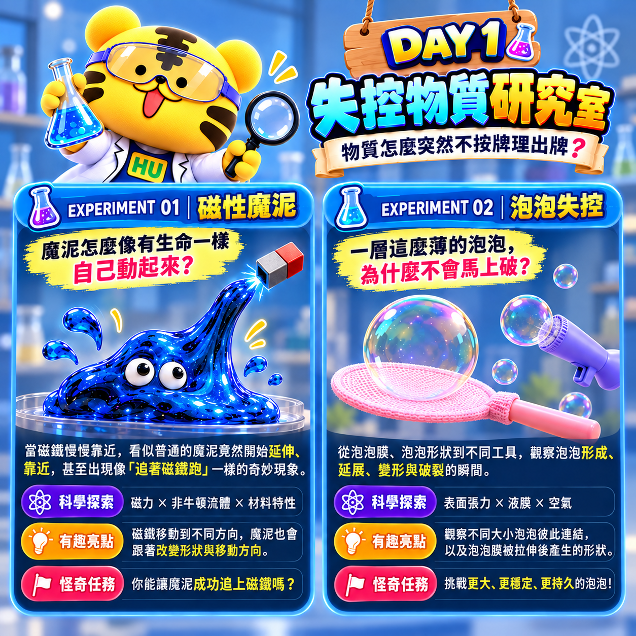 怪奇實驗室 DAY 1 失控物質研究室，進行磁性魔泥與泡泡失控實驗，探索磁力、非牛頓流體與表面張力。