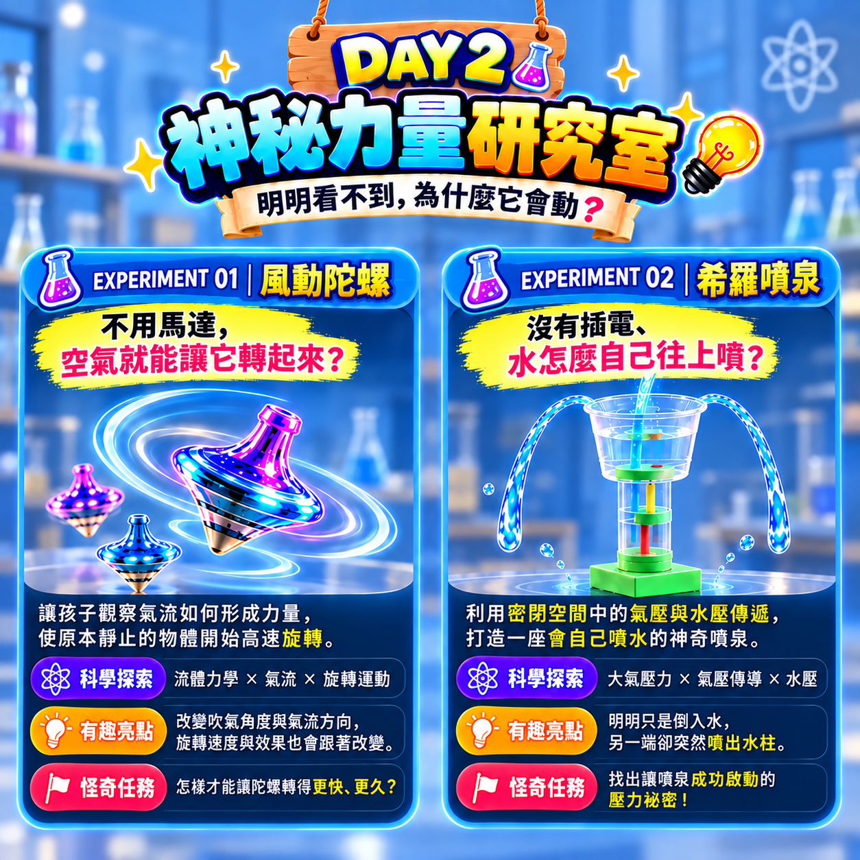 怪奇實驗室 DAY 2 神秘力量研究室，透過風動陀螺與希羅噴泉探索氣流、流體力學、氣壓傳導與水壓。