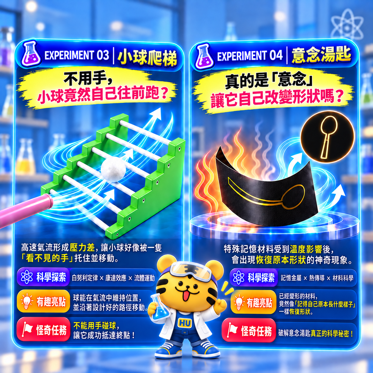 怪奇實驗室 DAY 2 神秘力量研究室，透過小球爬梯與意念湯匙探索白努利定律、康達效應、記憶金屬與熱傳導。