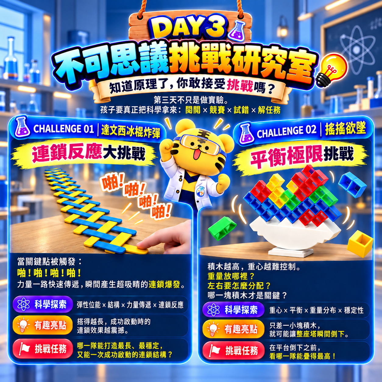 怪奇實驗室 DAY 3 不可思議挑戰研究室，透過達文西冰棍炸彈與搖搖欲墜挑戰，探索連鎖反應、結構、重心與平衡。